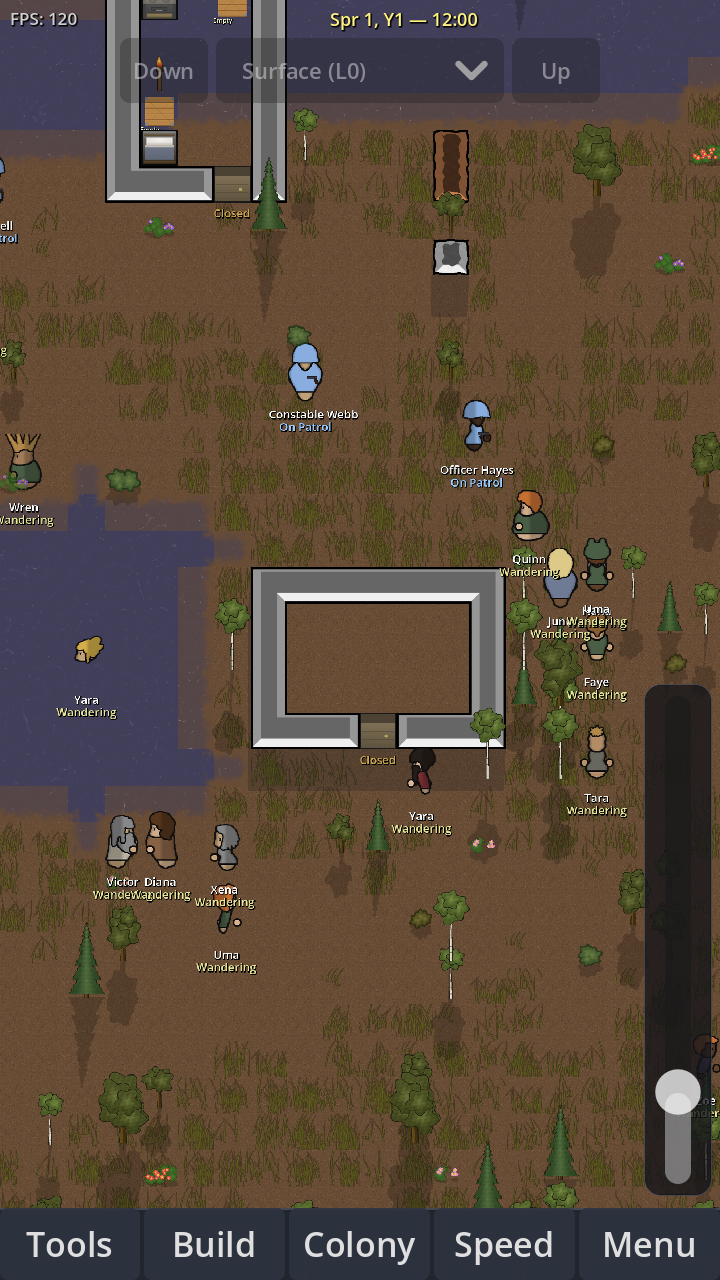 Portrait mobile view of Colony Sim with colonists, terrain, and touch controls