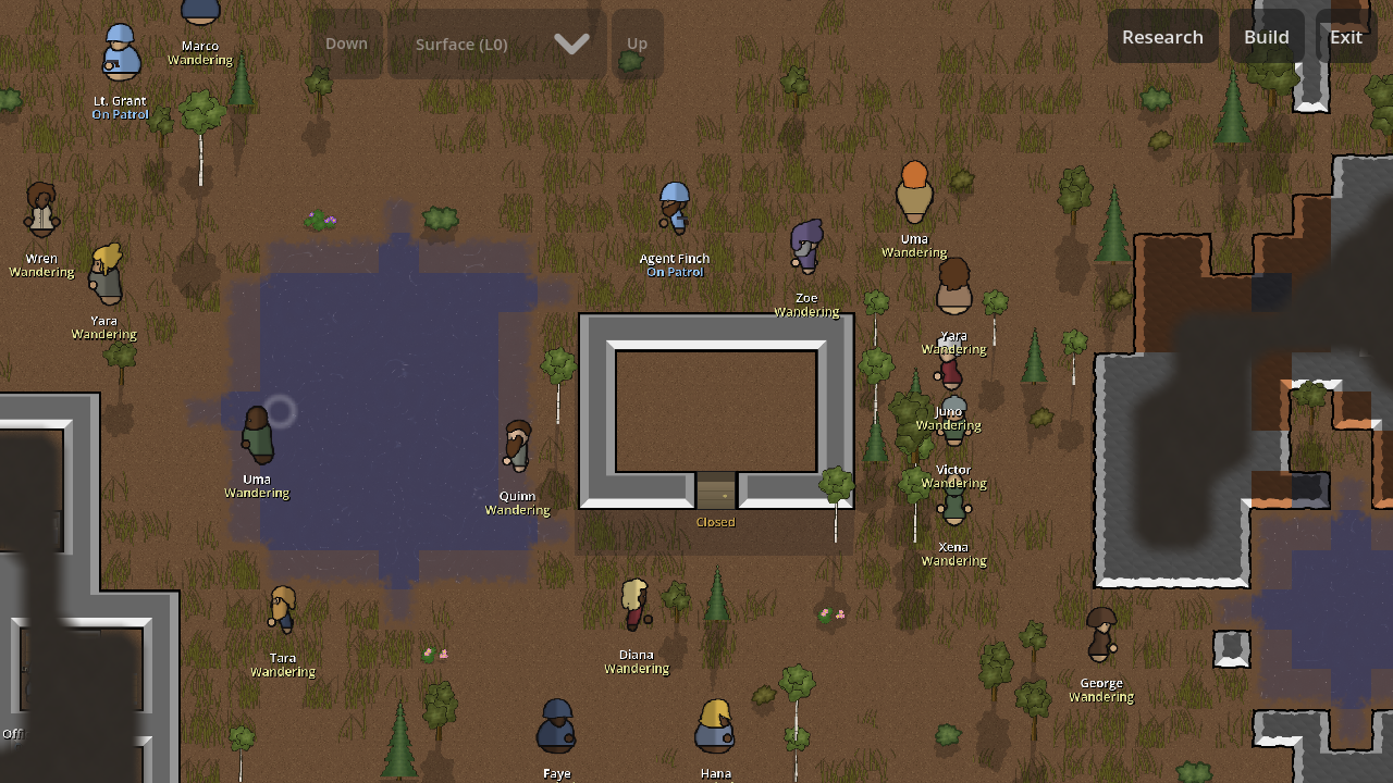 Colony Sim gameplay showing named colonists exploring a settlement beside water and rocky terrain
